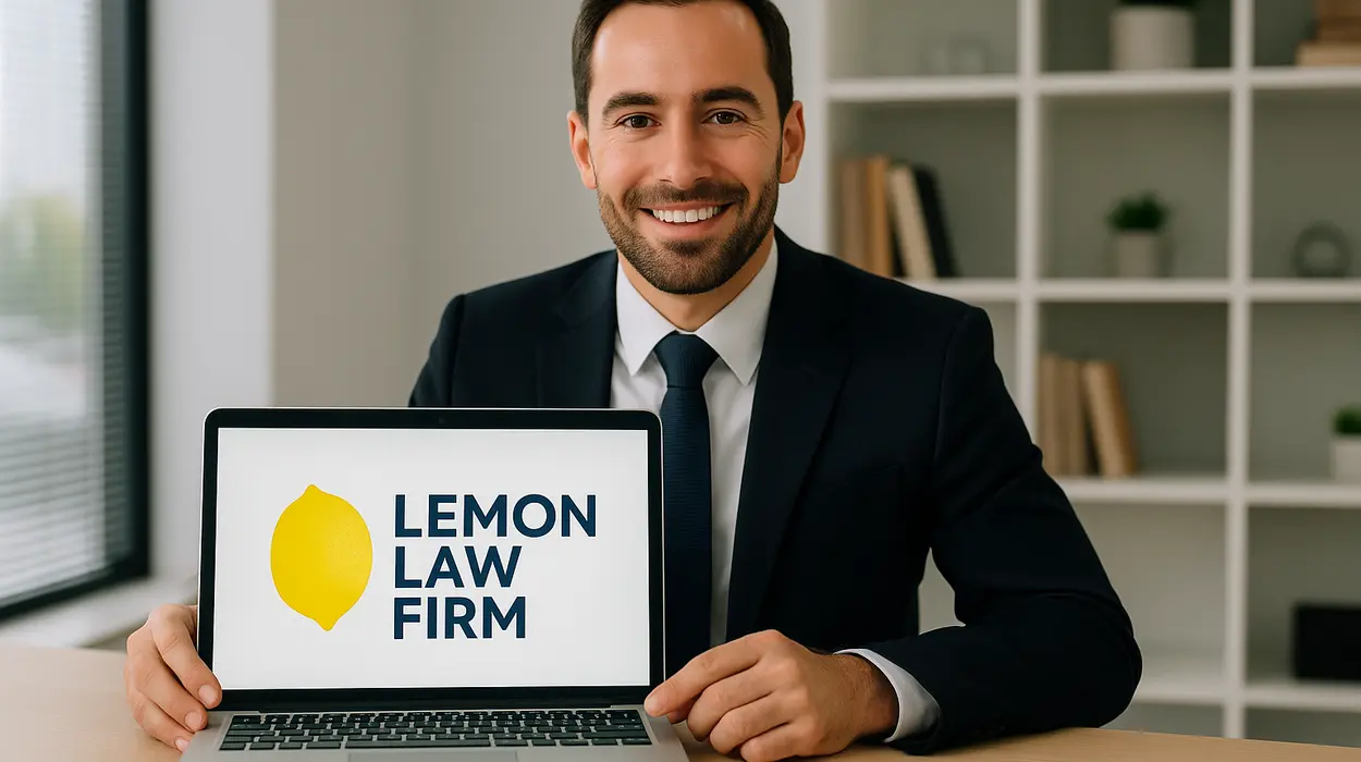 a lwayer in his office showing a laptop screen that says lemon law firm from Menes Lemon Law Firm in Doral, FL - Doral FL