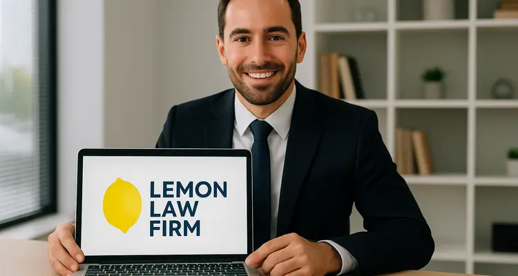 a lwayer in his office showing a laptop screen that says lemon law firm from Menes Lemon Law Firm in Doral, FL - Doral FL