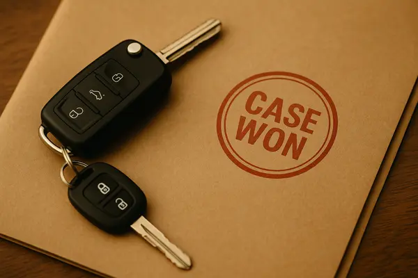 a key set on top of a folder that says case won from Menes Lemon Law Firm in Hialeah, FL - Hialeah FL