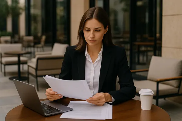 a female lawyer reading a document outside of a coffee place from Menes Lemon Law Firm in Key Biscayne, FL - Key Biscayne FL