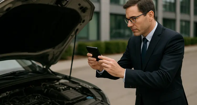 a man taking a picture with his phone under the hood of his lemon car from Menes Lemon Law Firm in Miami, FL Lawyer near me