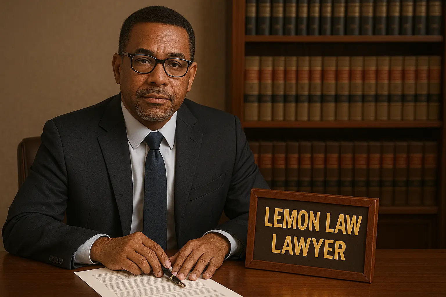 a lawyer seating at his desk with a sign next to him that says lemon law from Menes Lemon Law Firm in Miami, FL - Lemon law for GMC Vehicles a lawyer seating at his desk with a sign next to him that says lemon law from Menes Lemon Law Firm in Miami, FL - Lemon law for GMC Vehicles