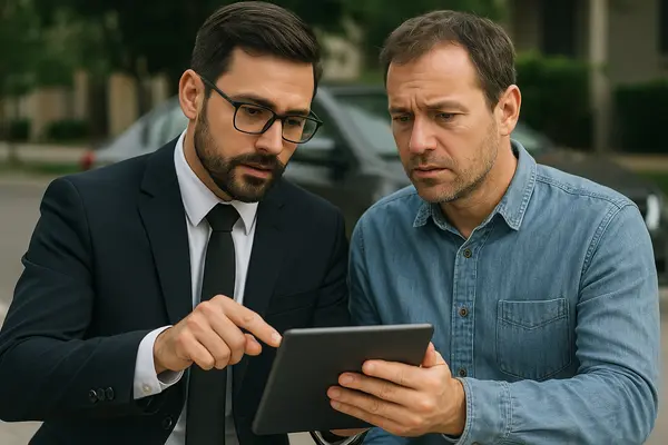 a lawyer with an ipad explaining something to his client from Menes Lemon Law Firm in Miami, FL - Lemon law for GMC Vehicles a lawyer with an ipad explaining something to his client from Menes Lemon Law Firm in Miami, FL - Lemon law for GMC Vehicles