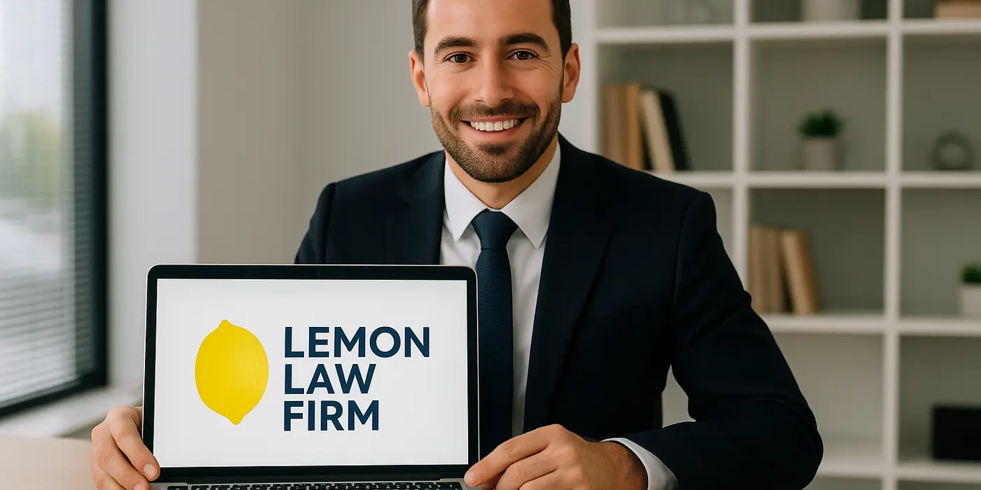 a lwayer in his office showing a laptop screen that says lemon law firm from Menes Lemon Law Firm in Miami, FL - Lemon law for Tesla Vehicles