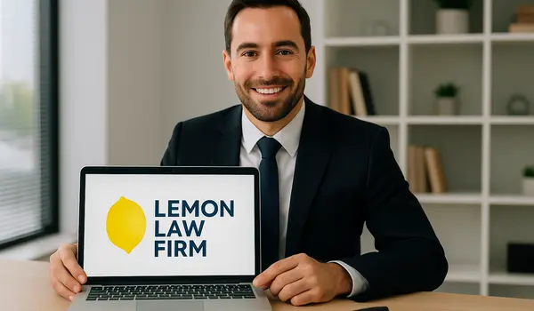 a lwayer in his office showing a laptop screen that says lemon law firm from Menes Lemon Law Firm in Miami, FL - Lemon law for Tesla Vehicles