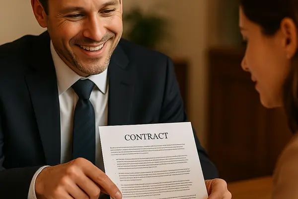 a lemon law lawyer smilig as he shows a contract to a woman from Menes Lemon Law Firm in Miami, FL - Lemon law for Toyota Vehicles a lemon law lawyer smilig as he shows a contract to a woman from Menes Lemon Law Firm in Miami, FL - Lemon law for Toyota Vehicles