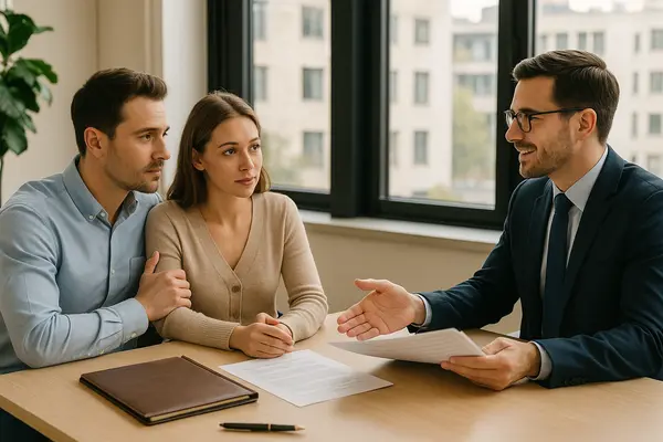 a lawyer talking to a youg couple in his office from Menes Lemon Law Firm in Miami, FL - Lemon law for used vehicles