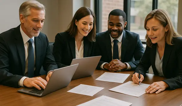 a group of lawyers in a meeting from Menes Lemon Law Firm in Miami, FL - Lemon law in Miami, FL