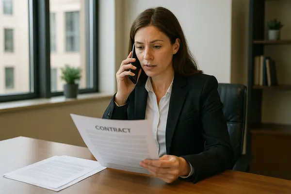 a female lawyer talking on her phone while holding a legal document from Menes Lemon Law Firm in Miami, FL - Lemon law in Miami, FL a female lawyer talking on her phone while holding a legal document from Menes Lemon Law Firm in Miami, FL - Lemon law in Miami, FL