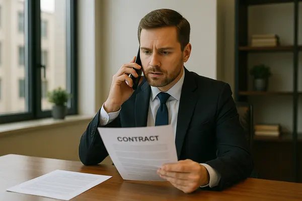 a male lawyer talking on his phone while holding a legal document from Menes Lemon Law Firm in Miami, FL - Lemon law in Miami, FL a male lawyer talking on his phone while holding a legal document from Menes Lemon Law Firm in Miami, FL - Lemon law in Miami, FL