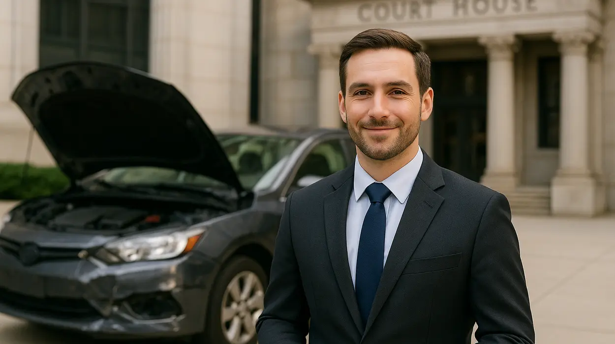 a male lawyer smiling at the camera with a lemon car in the background from Menes Lemon Law Firm in Sarasota, FL - Sarasota FL