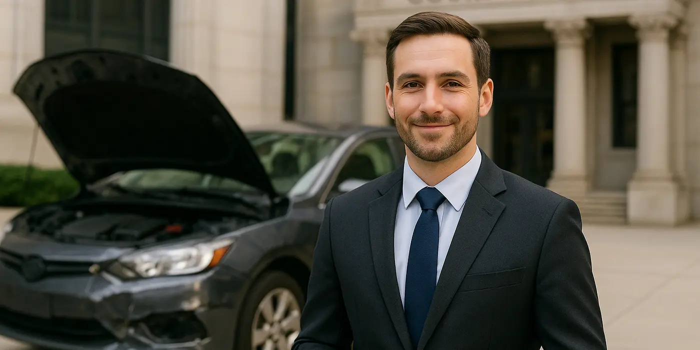 a male lawyer smiling at the camera with a lemon car in the background from Menes Lemon Law Firm in Sarasota, FL - Sarasota FL