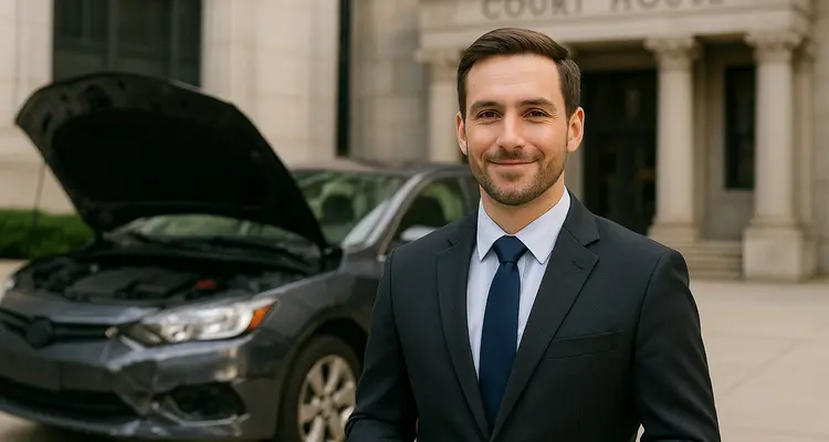 a male lawyer smiling at the camera with a lemon car in the background from Menes Lemon Law Firm in Sarasota, FL - Sarasota FL
