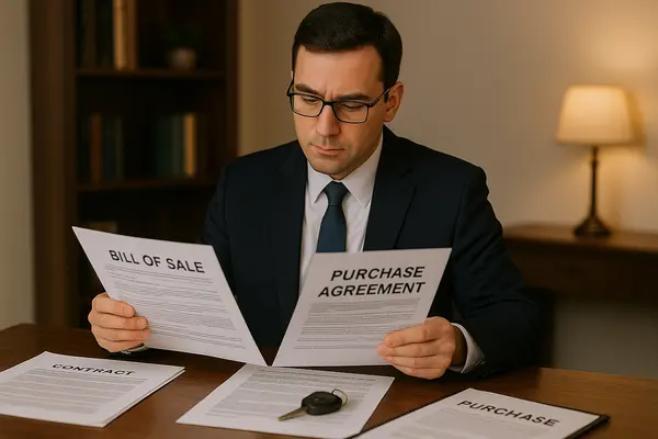 a lemon law lawyer in his office reading a bill of sales and purchase agreement from Menes Lemon Law Firm in Sarasota, FL - Sarasota FL