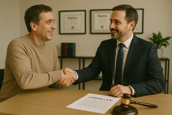 a lemon law lawyer shaking hands with a customer in his office from Menes Lemon Law Firm in Sarasota, FL - Sarasota FL