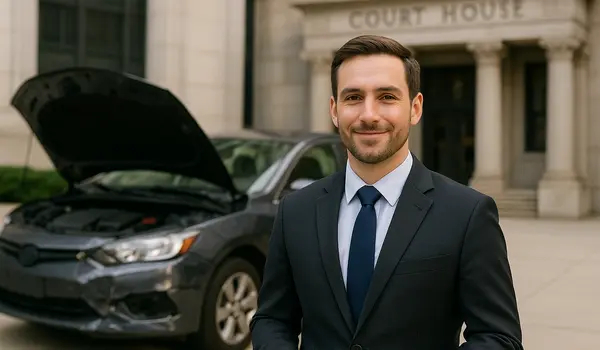 a male lawyer smiling at the camera with a lemon car in the background from Menes Lemon Law Firm in Miami, FL - what is a lemon car