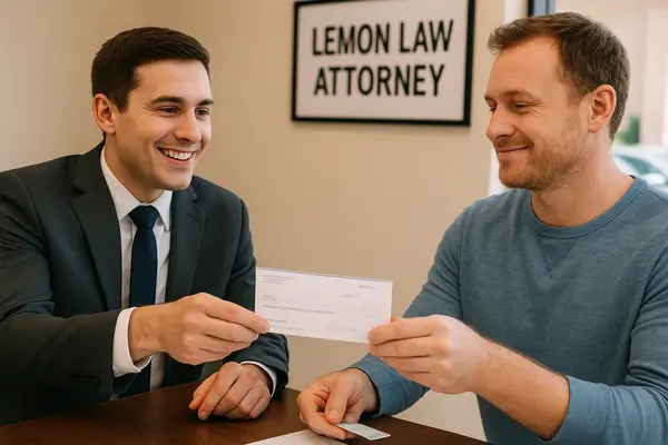 a lemon law lawyer handing a check to his customer after winning his case from Menes Lemon Law Firm in Miami, FL - what is a lemon car