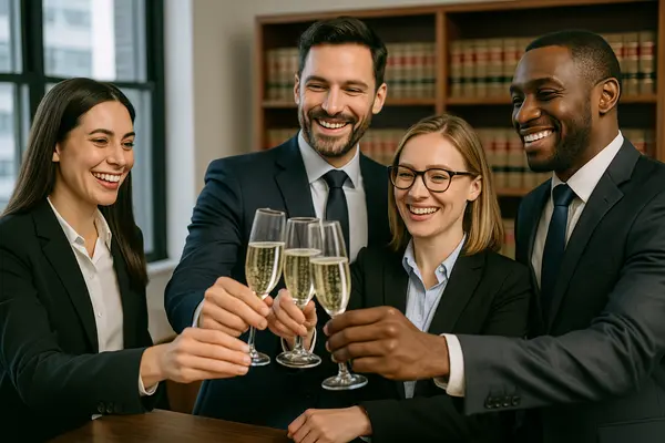4 lawyers celebrating with champagne they won a case from Menes Lemon Law Firm in Miami, FL - What to avoid before applying for lemon law
