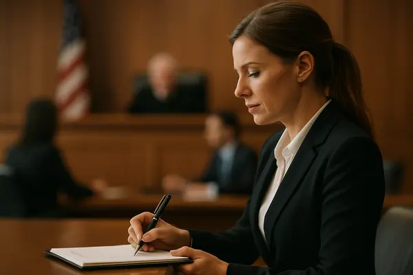 a female lawyer in a court room writing on her notes from Menes Lemon Law Firm in Miami, FL - What to avoid before applying for lemon law